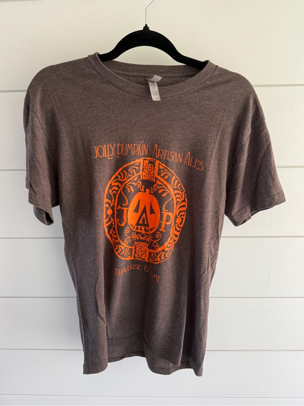 Next Level Apparel Brown Tee with Bright Orange Pumpkin Graphic